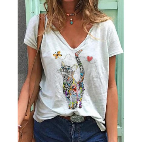 Butterfly and cat cartoon printed funny short sleeve women casual blouse Sal
