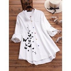 Butterfly print button causal shirts blouse Sal