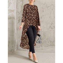 Casual loose crew neck long sleeve leopard print high low hem blouse for women Sal