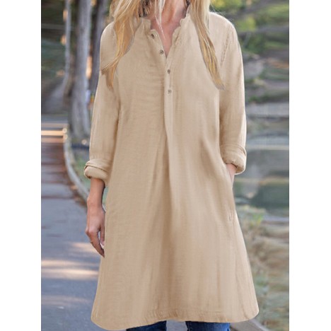 Casual solid color v-neck long sleeve pocket blouse for women Sal