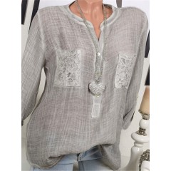 Casual women v-neck lace patchwork long sleeve blouse Sal