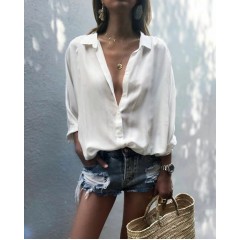 Chiffon solid color turn-down collar button shirts casual blouse Sal
