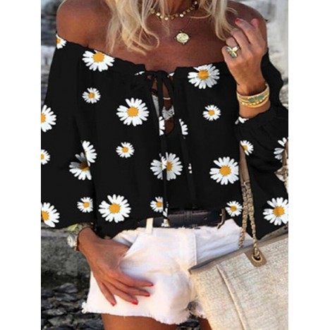 Daisy print off shoulder long sleeve casual blouse for women Sal