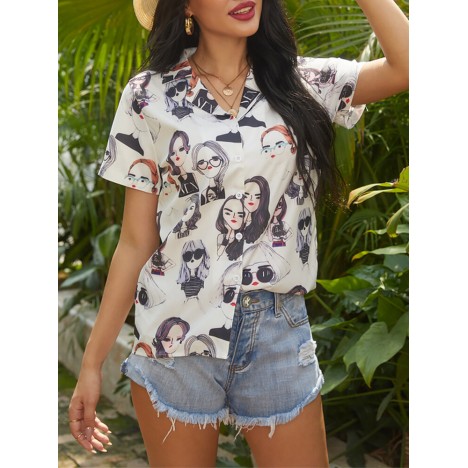 Figure girl print buttons short sleeve casual blouse for women Sal