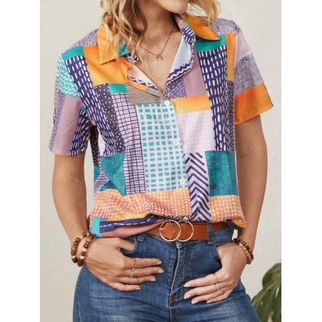 Geometric print lapel button short sleeve casual blouse for women Sal