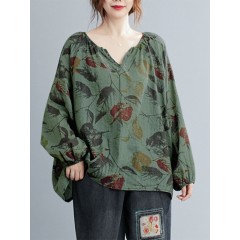 Leaf print v-neck loose casual long sleeve vintage blouses for women Sal