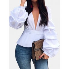 Long lantern sleeve v-neck solid casual blouse for women Sal