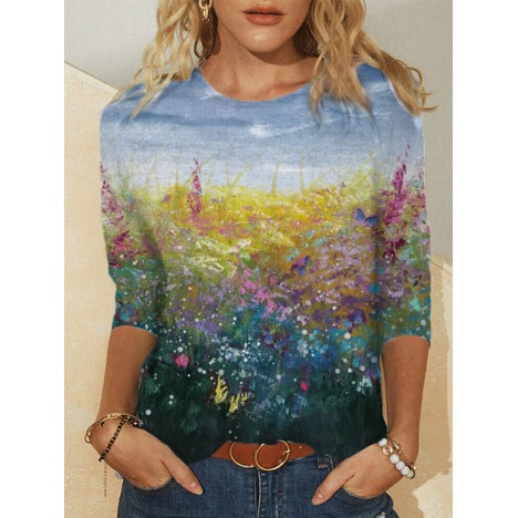 Mens landscape art illustration print long sleeve casual blouses Sal