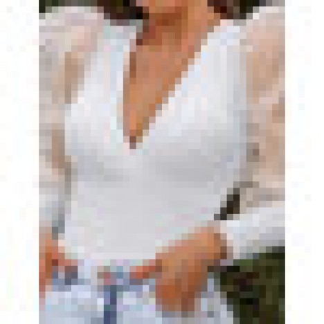 Polka dot mesh puff sleeve v-neck knitted casual blouse for women Sal