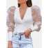 Polka dot mesh puff sleeve v-neck knitted casual blouse for women Sal