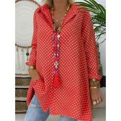 Polka dots print v-neck cotton casual blouse Sal