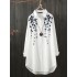 Print lapel collar high low hem white long sleeve button casual shirts for women Sal