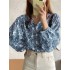 Puff sleeve floral print o-neck button shirt women daily casual blouse Sal