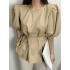 Puff sleeve o-neck pleated solid casual blouse for women Sal