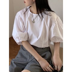 Puff sleeve round neck solid color casual blouse for women Sal