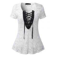 Sexy women lace crochet deep v-necklace-up sheer top shirts Sal
