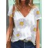 Short sleeved v-neck chrysanthemum print cotton causal blouse for women Sal