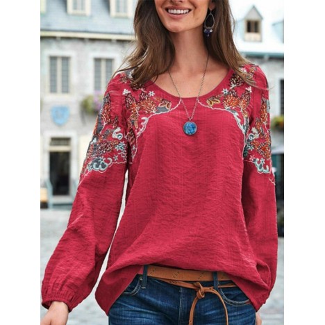 Vintage embroidery floral long sleeve casual blouse Sal