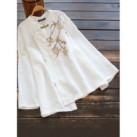 Vintage floral embroidery frog long sleeve irregular ethnic style blouse for women Sal