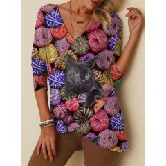 Women 3d cat wool balls pattern print v-neck long sleeve blouse Sal