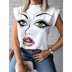 Women abstract figure print stand collar casual stylish short sleeve blouse Sal