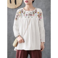 Women casual cotton vintage floral embroidery comfortable blouse Sal