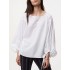 Women casual drawstring puff sleeve o-neck loose solid color blouse Sal