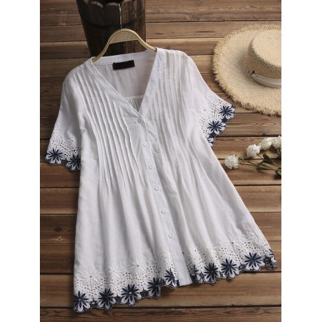 Women casual embroidered v-neck lace short sleeve blouse Sal