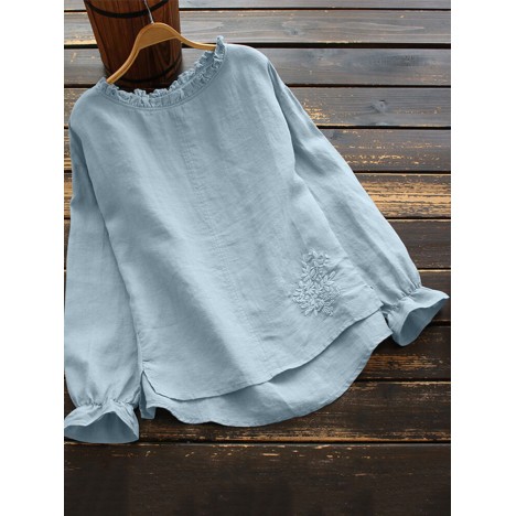 Women cotton floral embroidery long sleeve high low hem vintage blouse Sal
