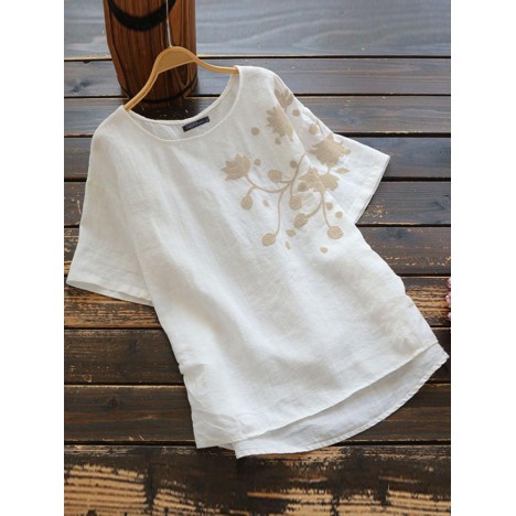 Women cotton pure color embroidered o-neck blouse Sal