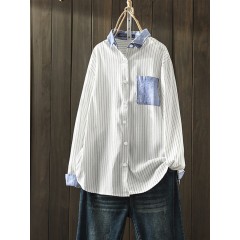 Women cotton stripe print patchwork simple daily casual shirts Sal