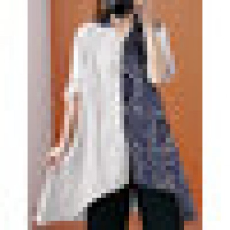 Women ethnic pattern print patchwork irregular hem long sleeve lapel blouse Sal