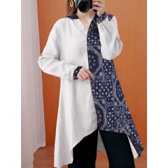 Women ethnic pattern print patchwork irregular hem long sleeve lapel blouse Sal