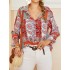 Women ethnic pattern print vintage button lapel long sleeve shirt Sal