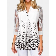Women half button print sheer 3/4 sleeve elegant longline blouses Sal
