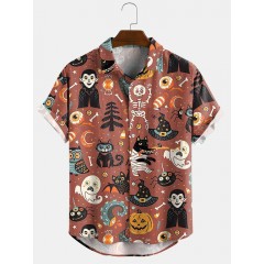 Women halloween cartoon funny print lapel short sleeves casual shirts Sal