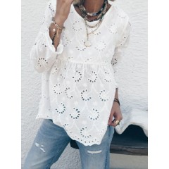 Women lace hollow out cotton long sleeve button back casual blouse Sal