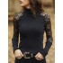 Women lace patchwork high neck see through solid ribbed blouse Sal