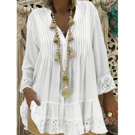 Women lace patchwork v-neck ruffle loose blouse Sal