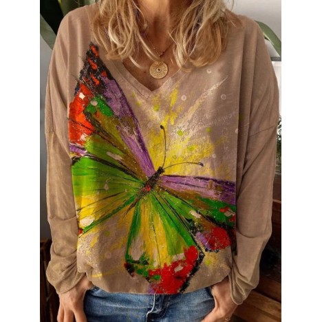 Women large butterfly printed v-neck casual long sleeve blouses Sal