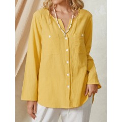 Women mustard yellow v-neck front pocket design long sleeve casual shirts Sal