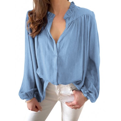 Women ol style solid color split pleated lantern sleeve casual shirts Sal