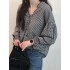Women plaid print ruffle trims button up casual long sleeve blouse Sal