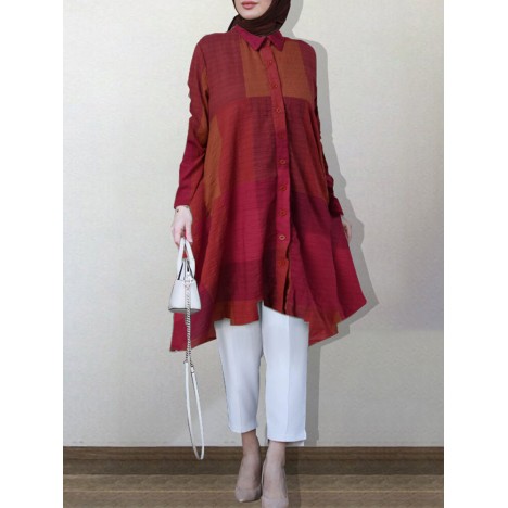 Women plaid printed lapel high-low hem long sleeve kaftan robe blouses Sal