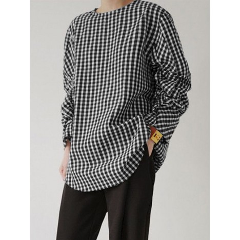 Women plaid printing pleated long sleeve o-neck casual daily blouse Sal