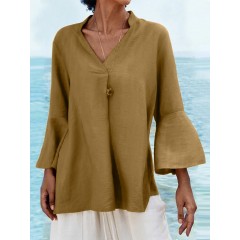 Women plain flare sleeve brief style v-neck casual loose blouse Sal