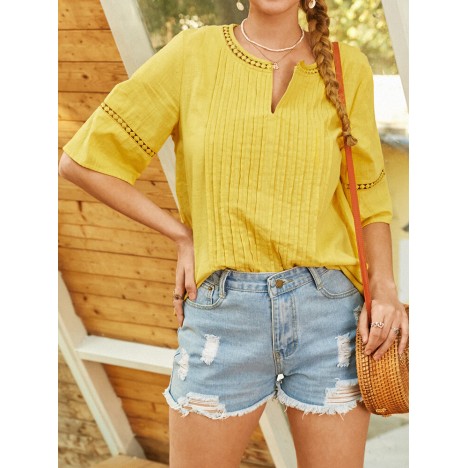 Women pleated design v-neck solid color half sleeve casual blouse Sal
