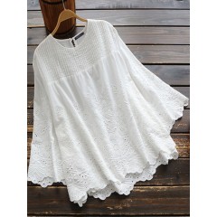 Women pure color hollow out lace patchwork 3/4 sleeve blouse Sal