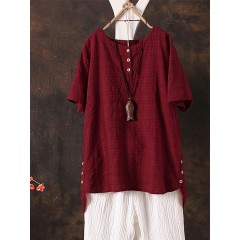 Women short sleeve solid asymmetric plaid cotton blouse Sal