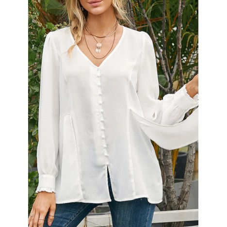 Women solid color brief style v-neck button front casual long sleeve blouse Sal